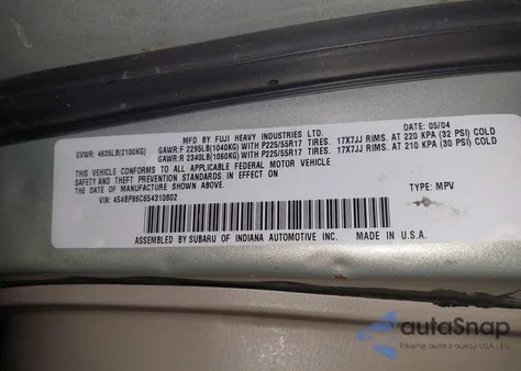 2005 Subaru Outback 3.0R L.l. Bean Edition from USA, damaged, VIN 4S4BP86C654310802